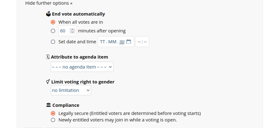 Screen shot: extended options when creating a ballot