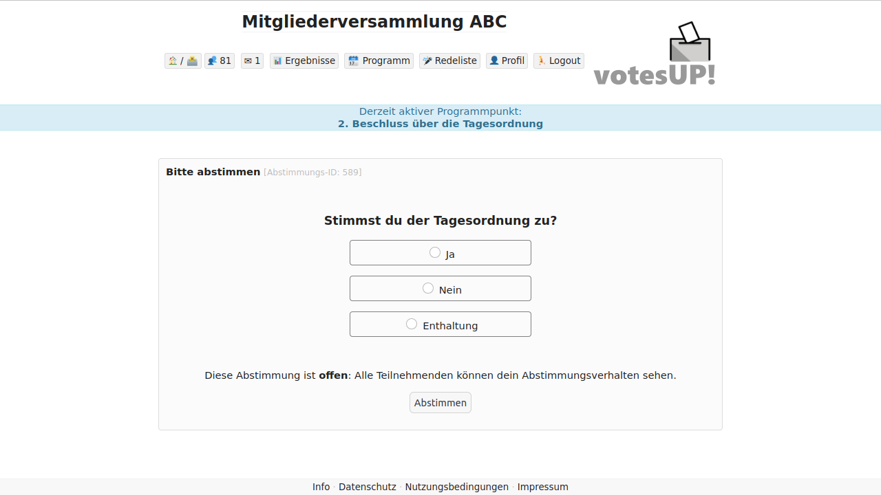 Bildschirmfoto: Offene Abstimmung mit Ja-Nein-Enthaltung